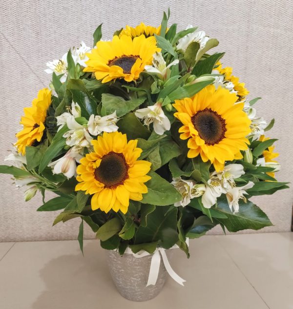 Florero Girasol y Astromelia blanca